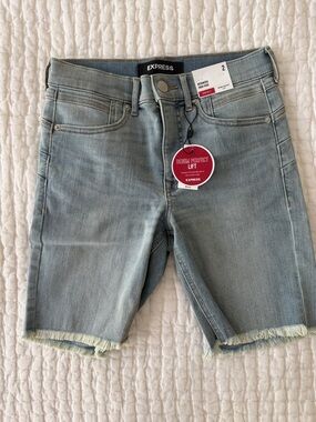 Express Light Blue Denim Bermuda Shorts with Frayed Hem